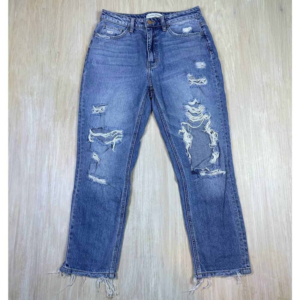 Flying Monkey Distressed Medium Wash Fray Hem Relaxed Straight Mom Jeans 26